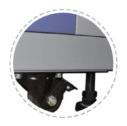 4 ruedas giratorias, 4 patas niveladoras